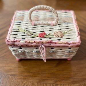 Vintage Wicker Pink Silver, and White Sewing Basket from Japan with Flowers